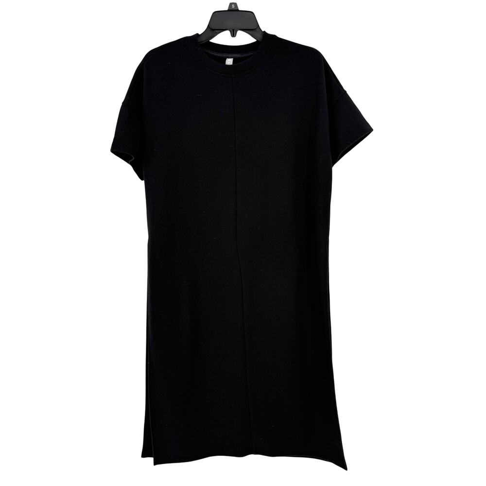 Athleta Solid Black Midi Long Slit Dress Womens Sz Small Short Sleeve